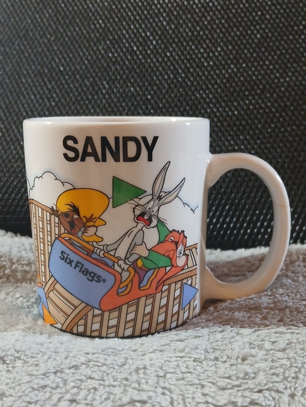 Sandy Six Flags Looney Tunes Mug - White with Multicolor Cartoon Design